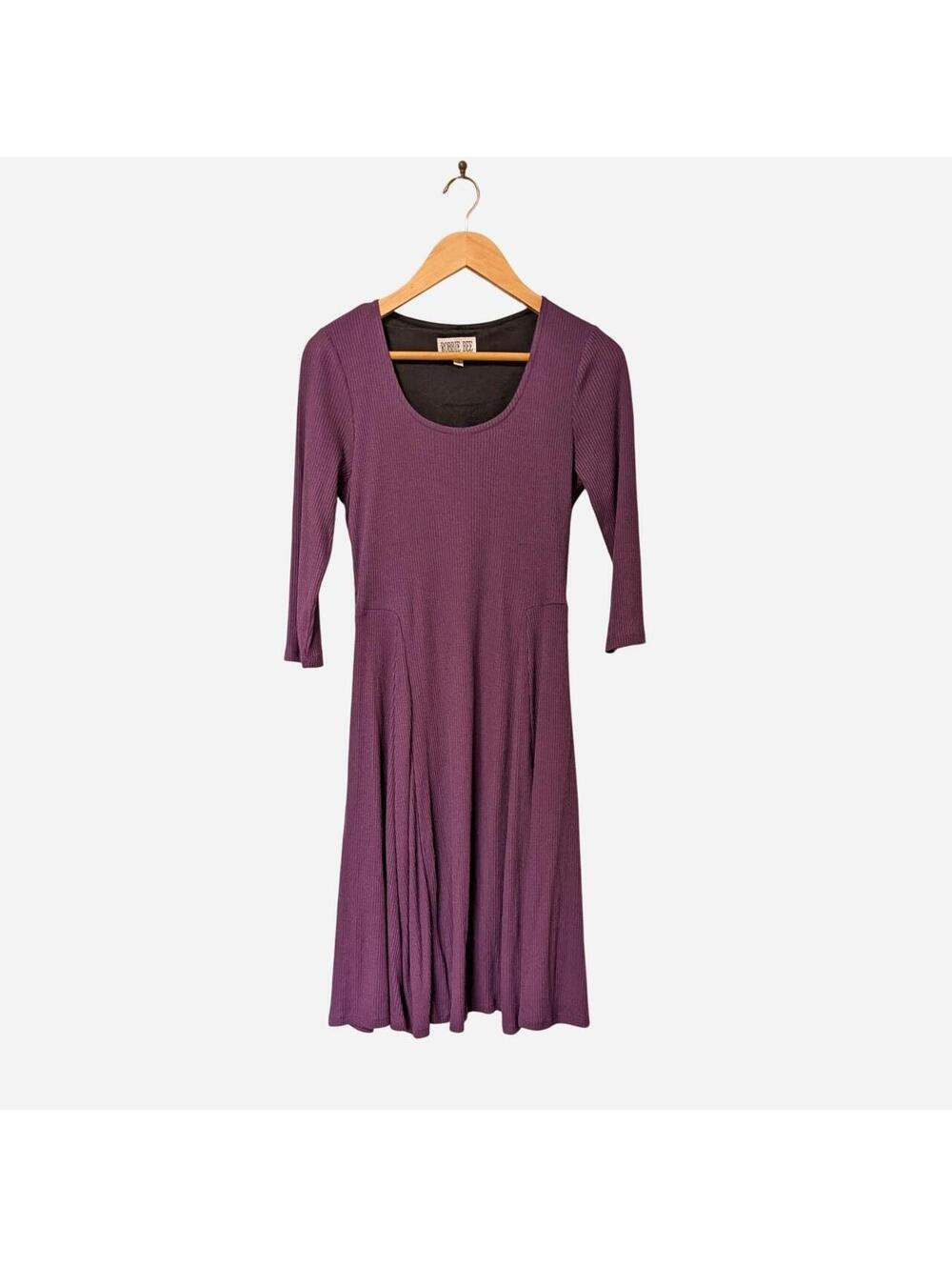 Vintage Y2K Plum Purple Ribbed Midi Dress Lined 3/4 Sleeve Whimsigoth